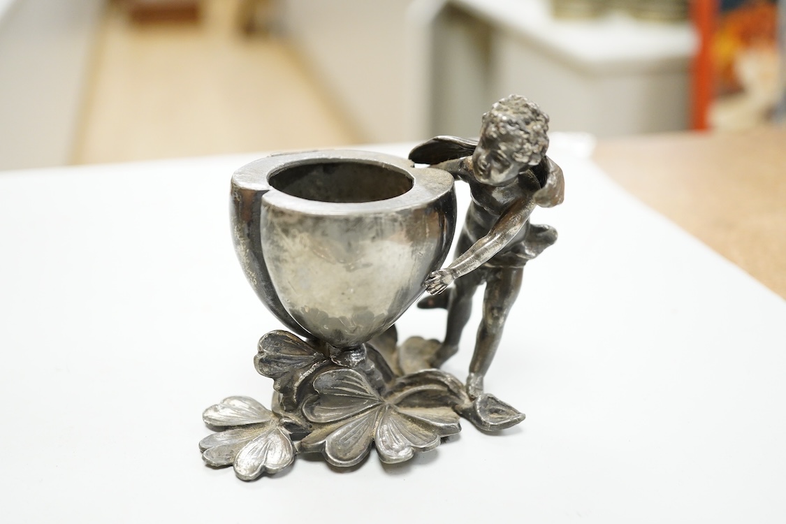 Sundry items to include a plated lustre drop hanging light, decanter labels and a small pot, mounted with a putti